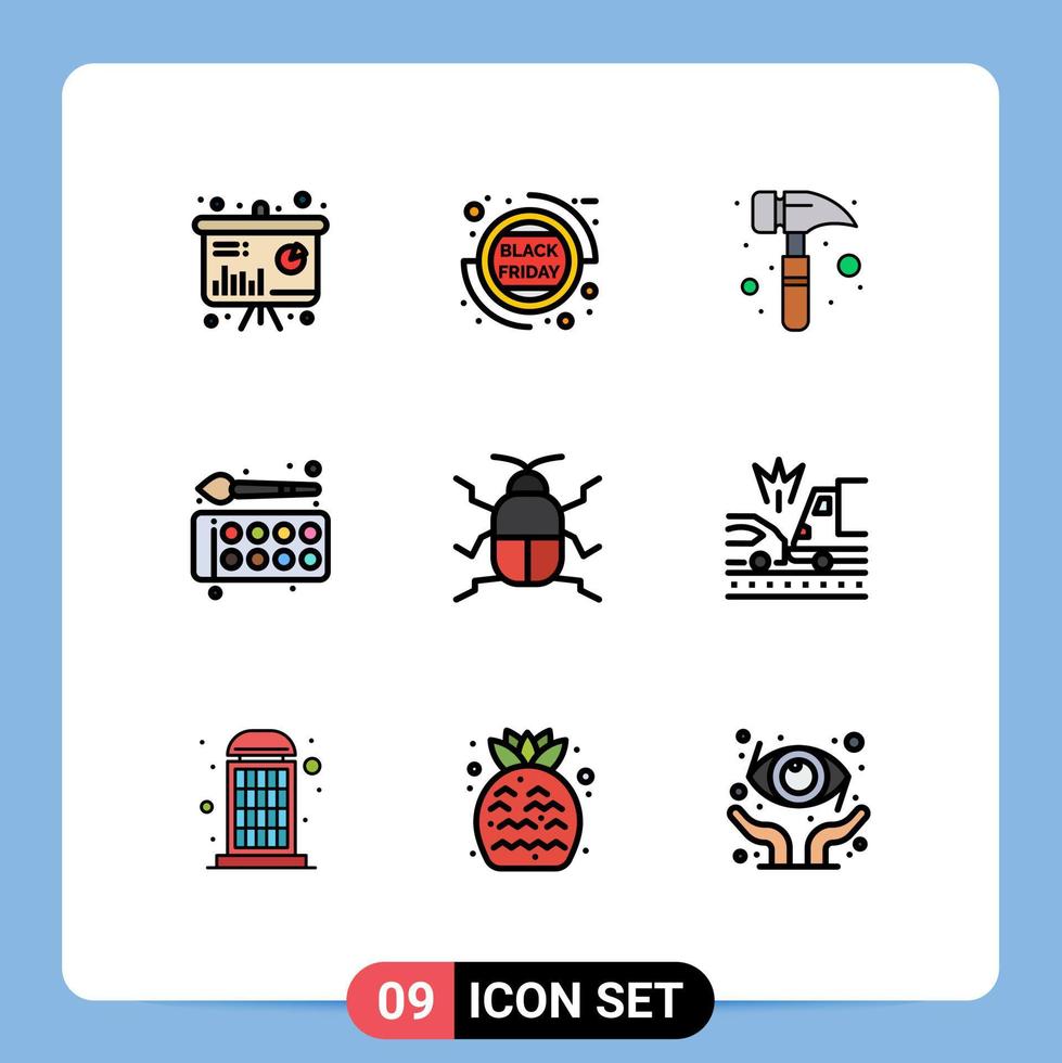 Group of 9 Filledline Flat Colors Signs and Symbols for bug paint palette claw hammer education color Editable Vector Design Elements