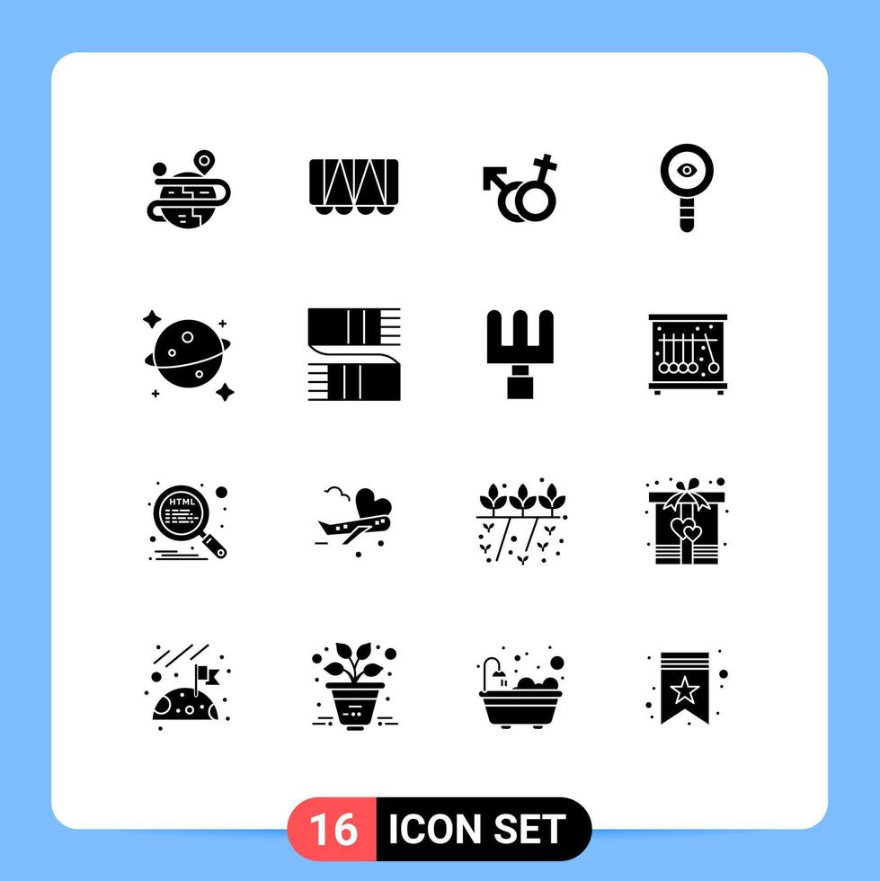 Group of 16 Modern Solid Glyphs Set for saturn molecule symbol laboratory chemical Editable Vector Design Elements