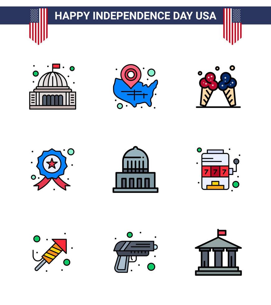 feliz paquete del día de la independencia de 9 líneas planas llenas de signos y símbolos para la policía que investiga la crema de la insignia de wisconsin elementos de diseño vectorial del día de estados unidos editables vector