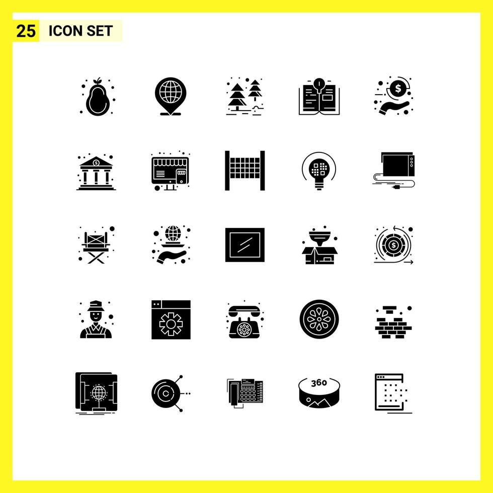 Modern Set of 25 Solid Glyphs Pictograph of payment hand forest coin education Editable Vector Design Elements