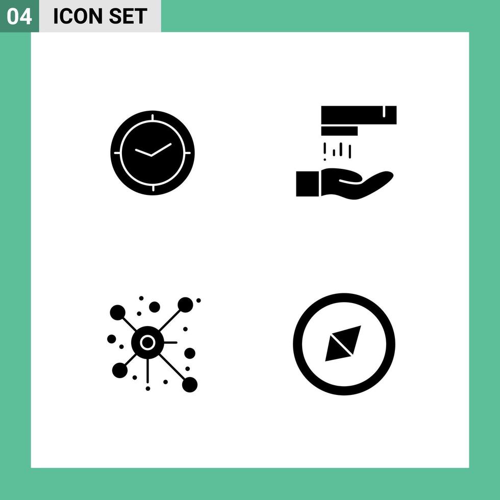 paquete de 4 glifos sólidos creativos de reloj compartir reloj limpieza brújula elementos de diseño vectorial editables vector