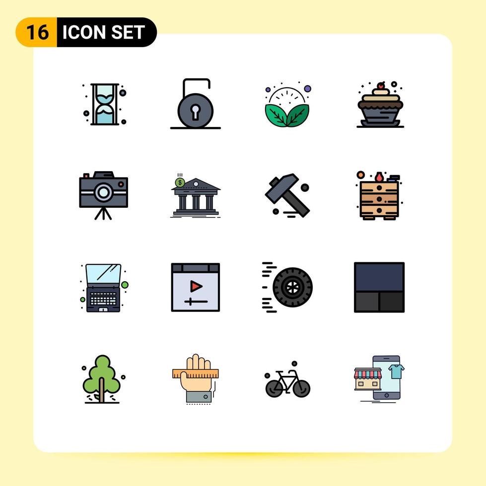 Universal Icon Symbols Group of 16 Modern Flat Color Filled Lines of handycam cupcake food leaves candle bakery Editable Creative Vector Design Elements