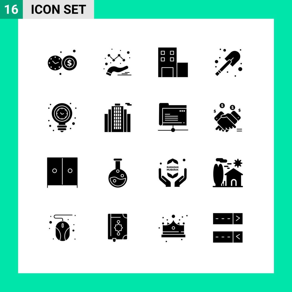 Pictogram Set of 16 Simple Solid Glyphs of building light university idea clock Editable Vector Design Elements