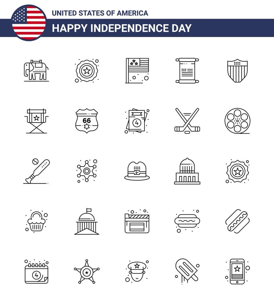 USA Happy Independence DayPictogram Set of 25 Simple Lines of usa shield flag american american Editable USA Day Vector Design Elements