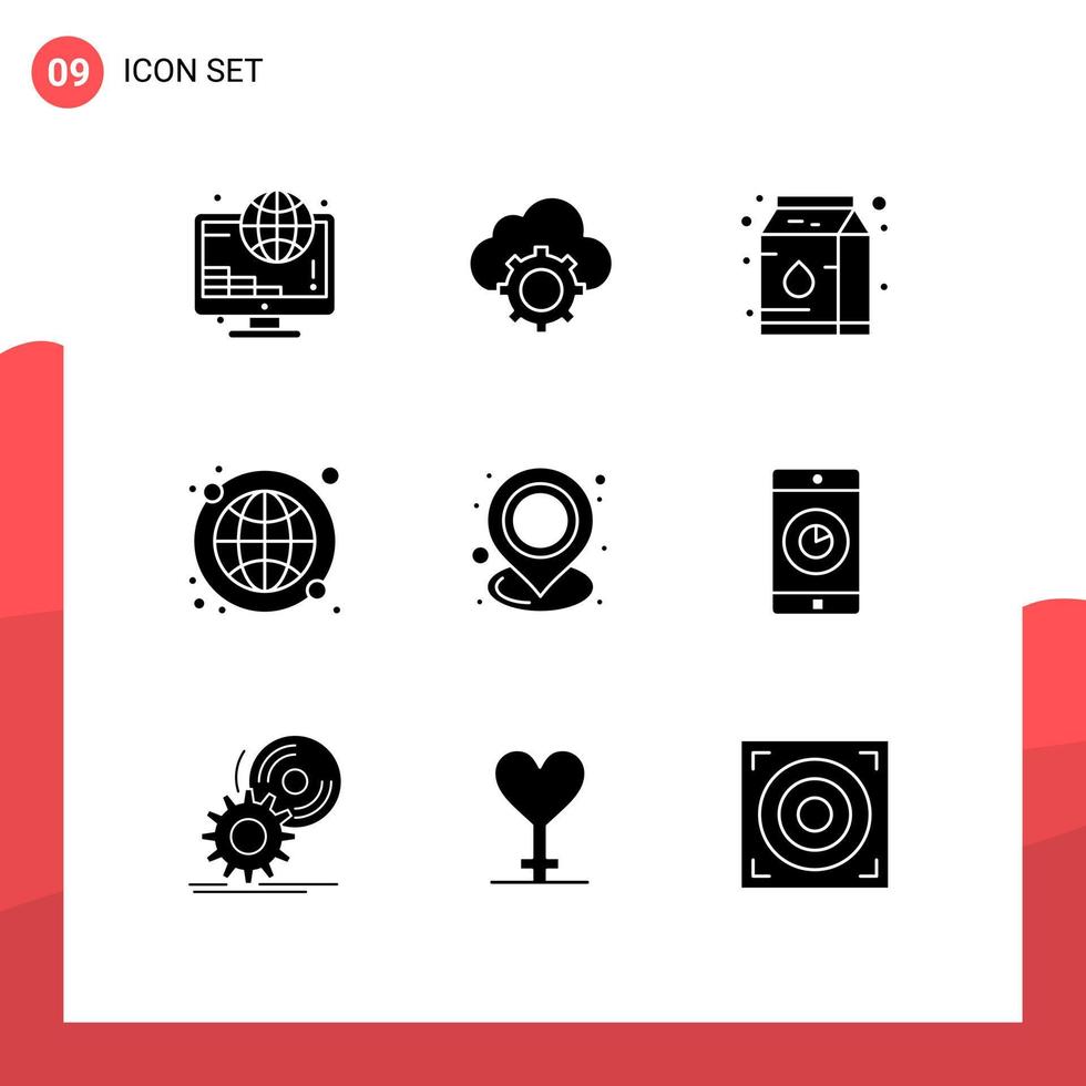 9 Universal Solid Glyph Signs Symbols of location world wide settings internet global Editable Vector Design Elements