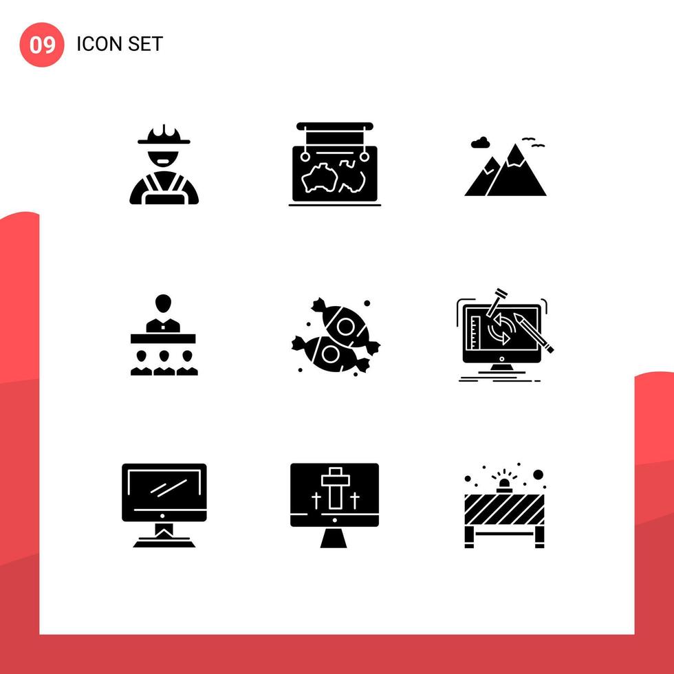 9 User Interface Solid Glyph Pack of modern Signs and Symbols of dessert office mountains teamwork meeting Editable Vector Design Elements