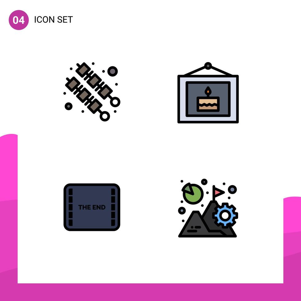 Mobile Interface Filledline Flat Color Set of 4 Pictograms of bbq movie birthday picture analysis Editable Vector Design Elements