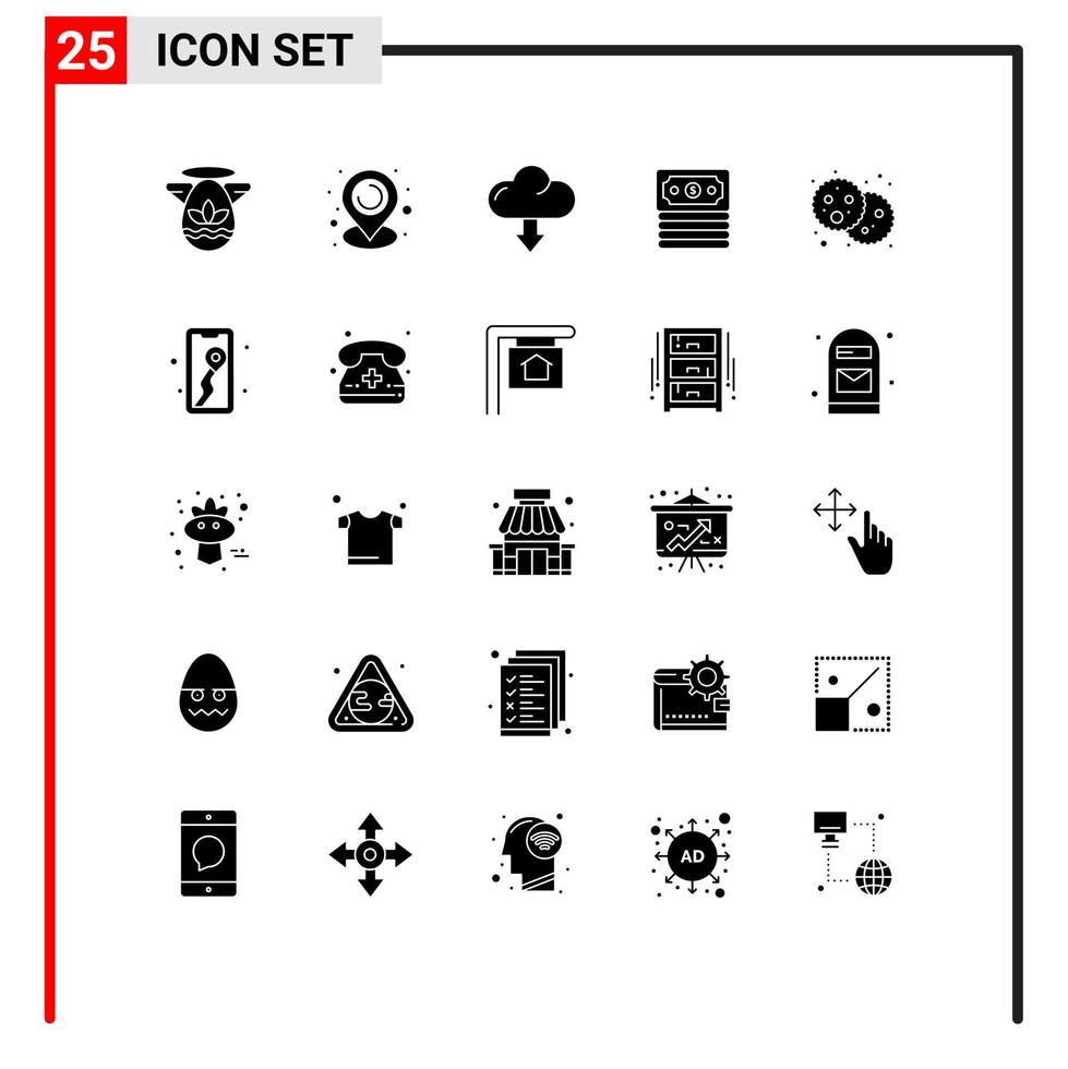 Pack of 25 Modern Solid Glyphs Signs and Symbols for Web Print Media such as party food arrow bread dollar Editable Vector Design Elements