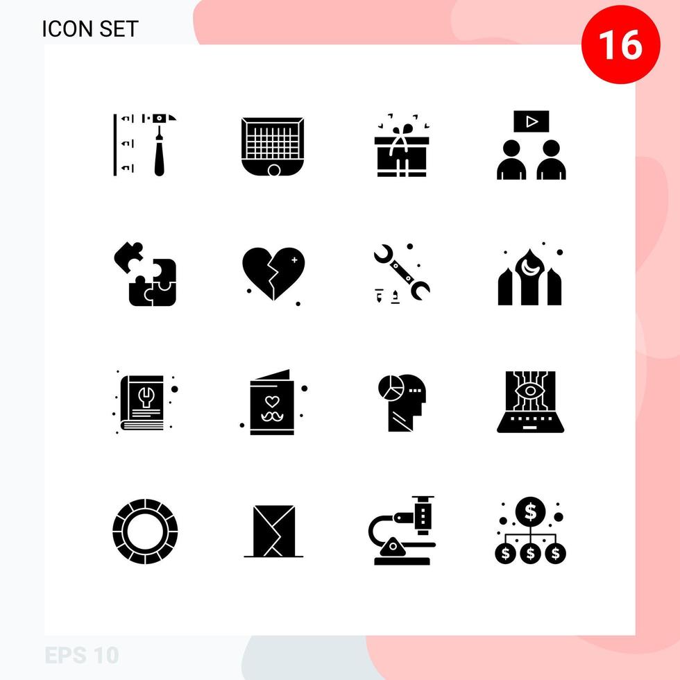 Pictogram Set of 16 Simple Solid Glyphs of science jigsaw soccer video man Editable Vector Design Elements