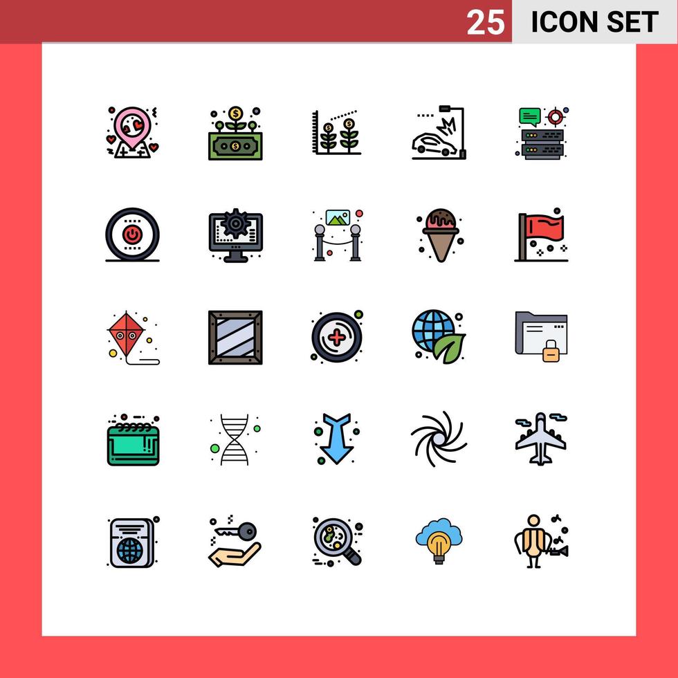 Set of 25 Vector Filled line Flat Colors on Grid for target server investment datacenter crash Editable Vector Design Elements