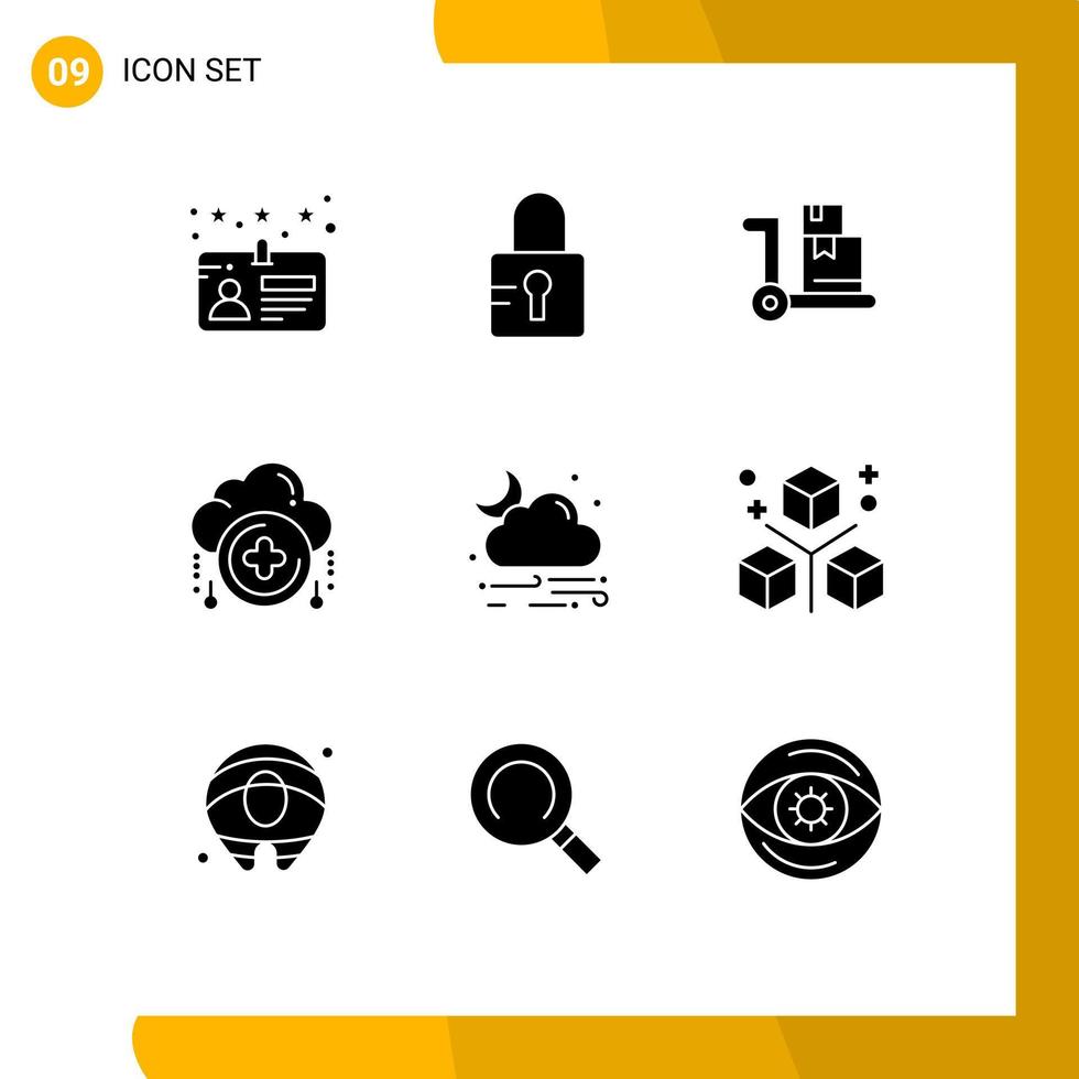 9 conjunto de glifos sólidos universales para aplicaciones web y móviles que codifican la nube de compras de lluvia más elementos de diseño vectorial editables vector