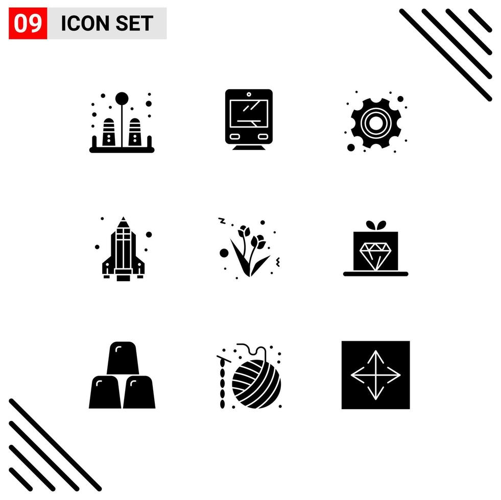 9 Universal Solid Glyph Signs Symbols of diamond present gear flower rocket Editable Vector Design Elements