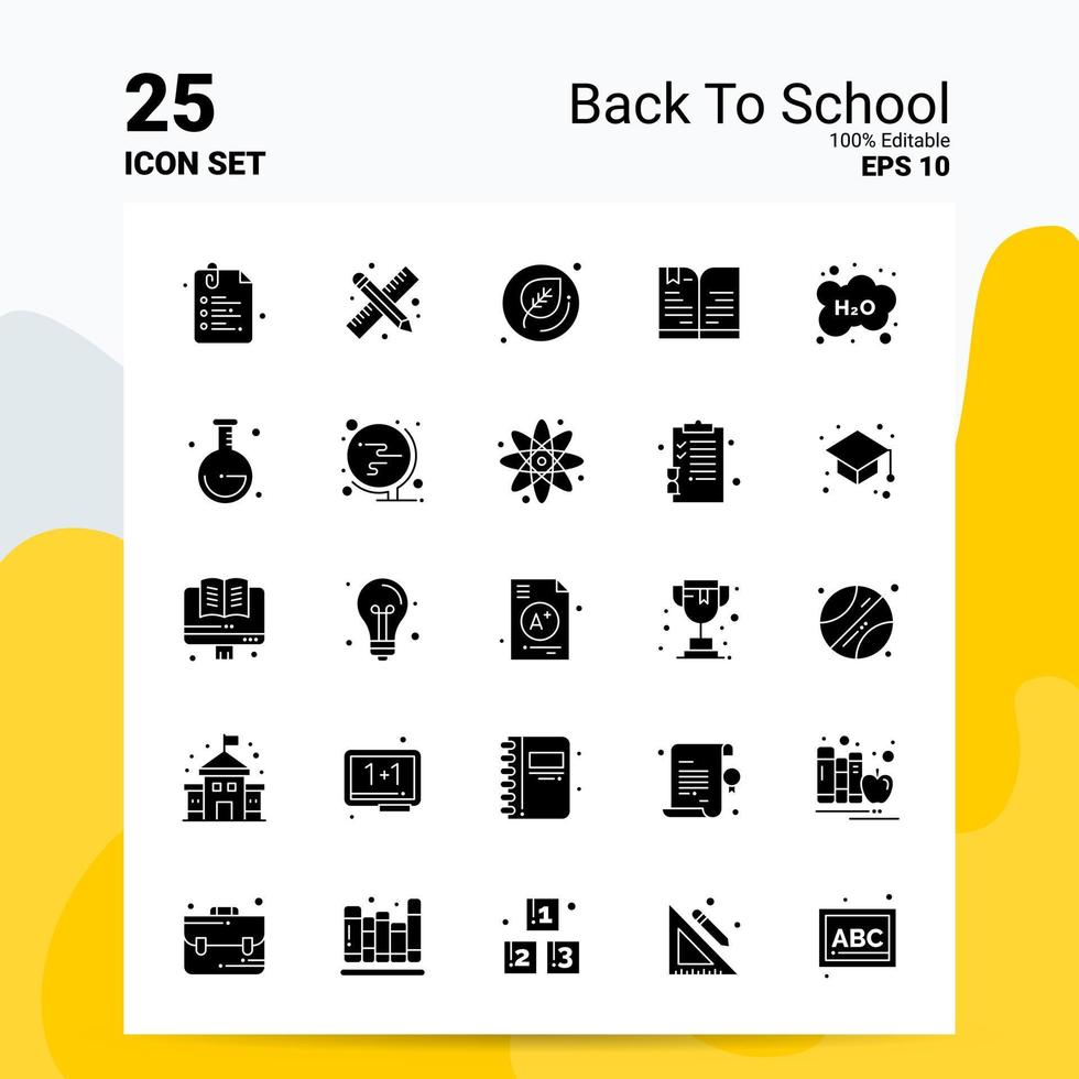 25 conjunto de iconos de regreso a la escuela 100 archivos editables eps 10 ideas de concepto de logotipo de empresa diseño de icono de glifo sólido vector