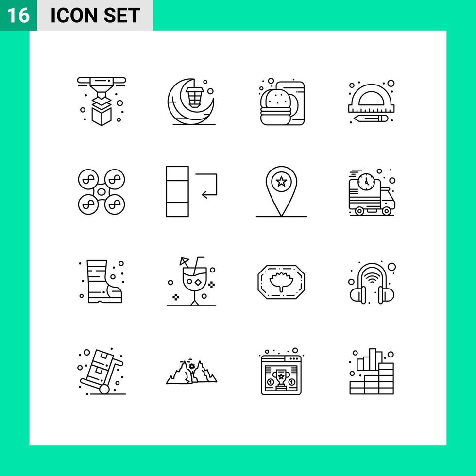 Pack of 16 creative Outlines of fly school cresent ruler food Editable Vector Design Elements