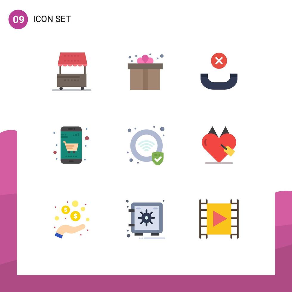 9 Thematic Vector Flat Colors and Editable Symbols of security online shop shopping cart basket Editable Vector Design Elements