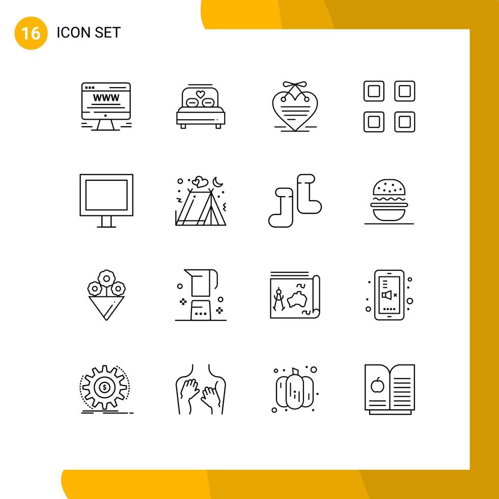 conjunto de pictogramas de 16 contornos simples de elementos de diseño vectorial editables de cuadrícula de página de corazón de vista eléctrica vector