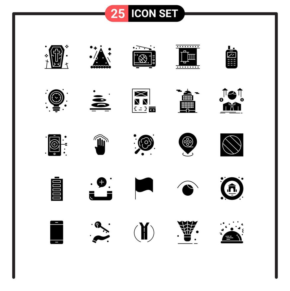 Editable Vector Line Pack of 25 Simple Solid Glyphs of movie strip filmstrip broadcast film tv Editable Vector Design Elements