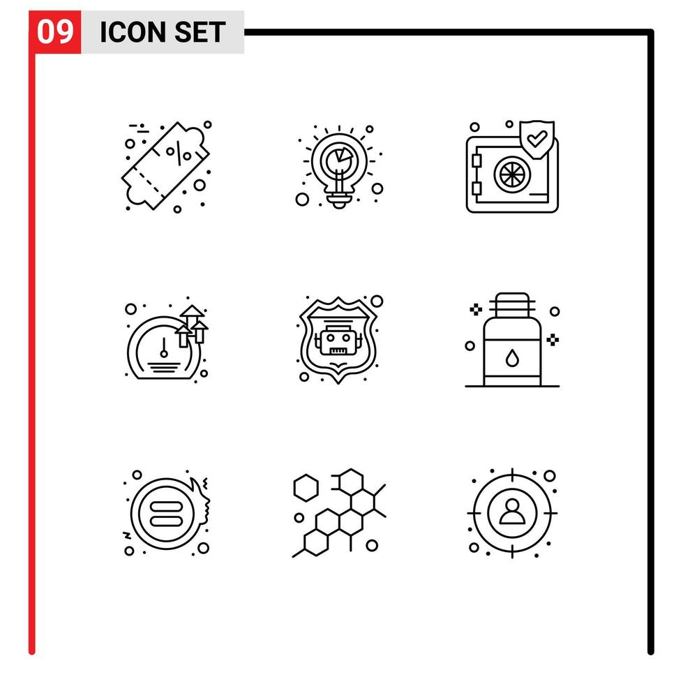 Modern Set of 9 Outlines Pictograph of robot database growth insurance speed meter Editable Vector Design Elements