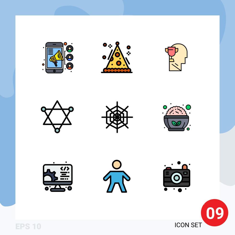 9 Universal Filledline Flat Color Signs Symbols of spider halloween mind space figure Editable Vector Design Elements