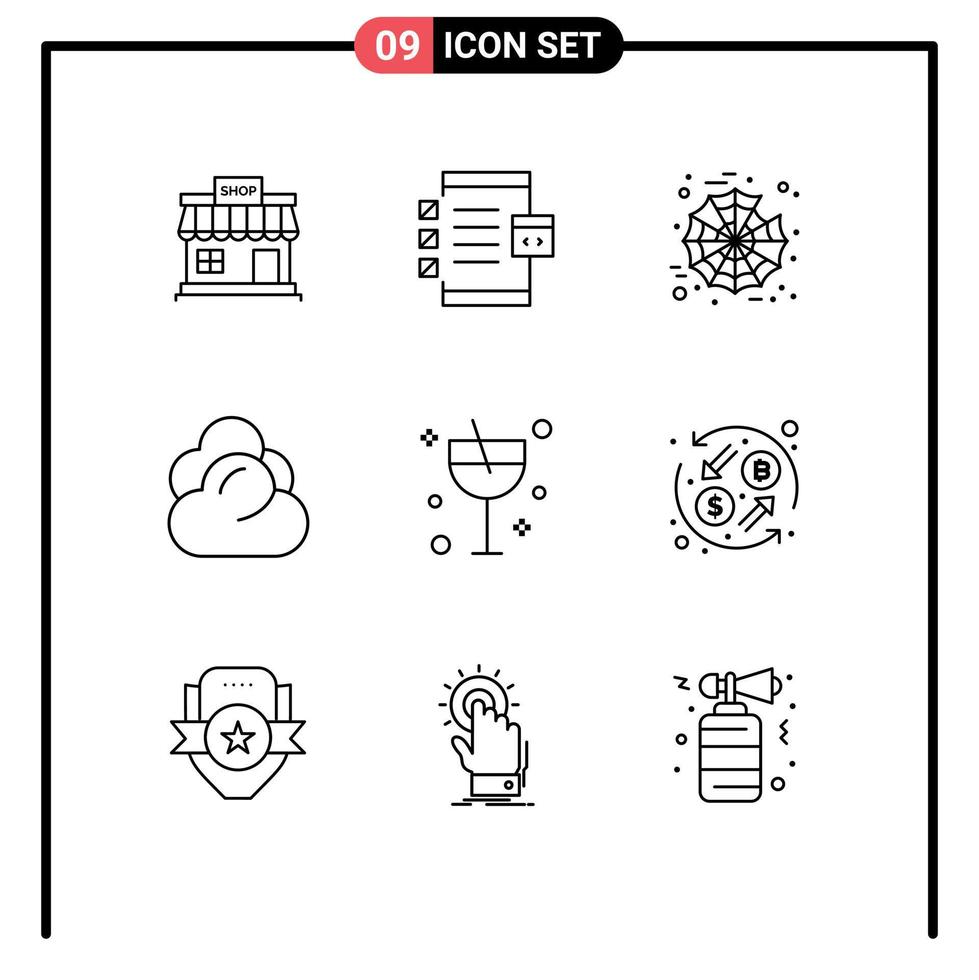 Set of 9 Commercial Outlines pack for alcohol server development cloud web Editable Vector Design Elements