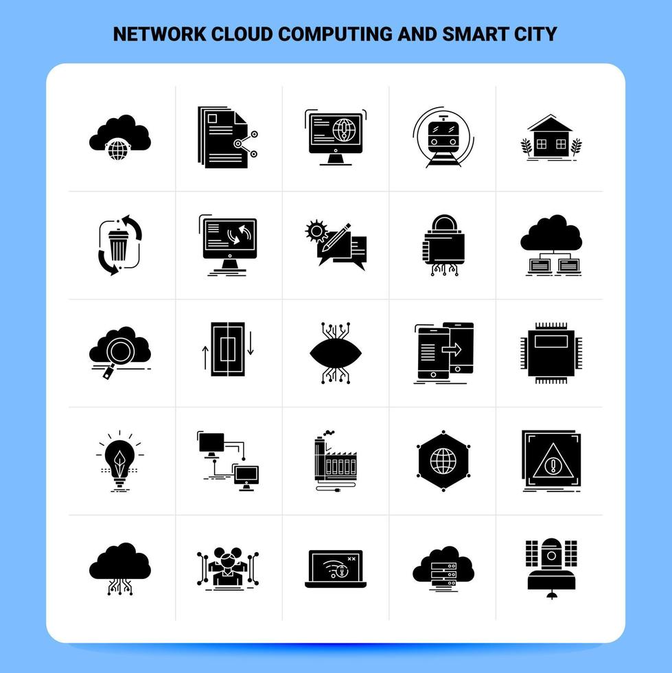 conjunto de iconos de ciudad inteligente y computación en la nube de red sólida 25 diseño de estilo de glifo vectorial conjunto de iconos negros diseño de ideas de negocios web y móvil ilustración vectorial vector