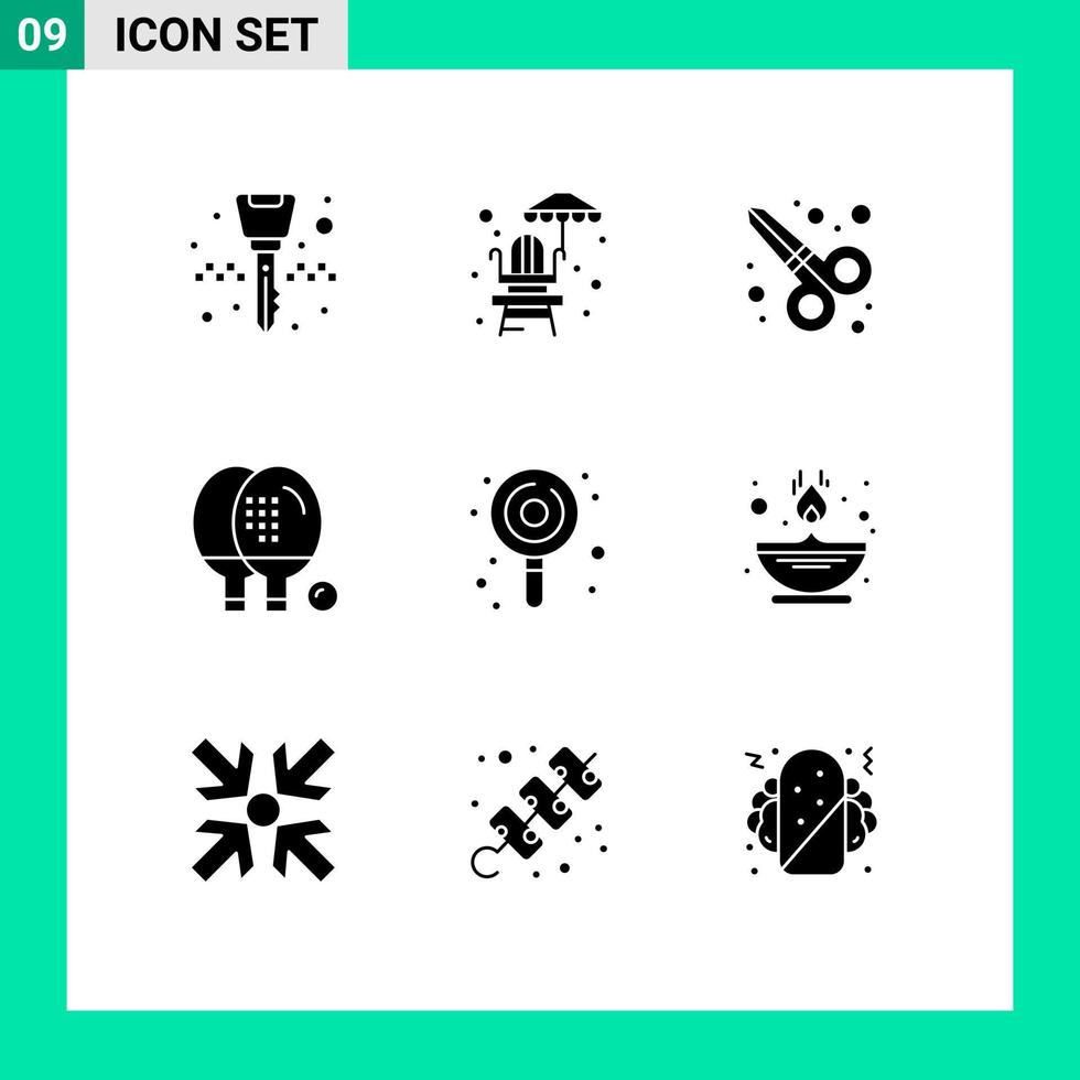 9 Thematic Vector Solid Glyphs and Editable Symbols of lollypop candy scissor tool ping equipment Editable Vector Design Elements