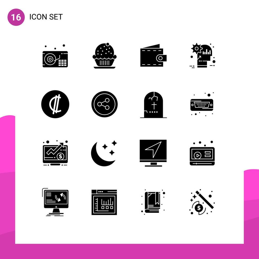 16 User Interface Solid Glyph Pack of modern Signs and Symbols of costa productivity money product head Editable Vector Design Elements