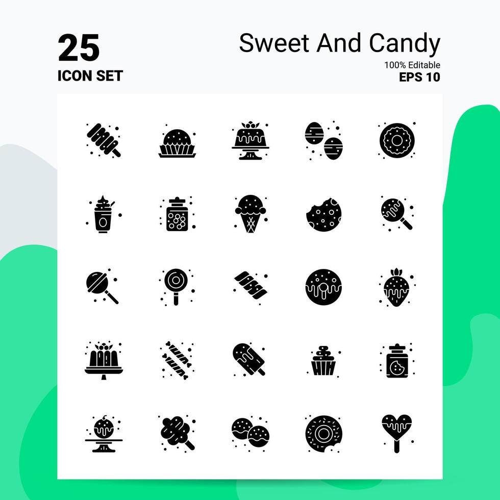 25 conjunto de iconos de dulces y dulces 100 archivos editables eps 10 ideas de concepto de logotipo de empresa diseño de icono de glifo sólido vector