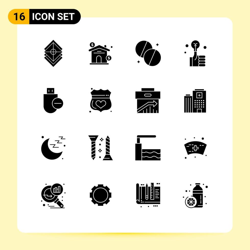 16 Universal Solid Glyphs Set for Web and Mobile Applications computers investment real hand medicine Editable Vector Design Elements
