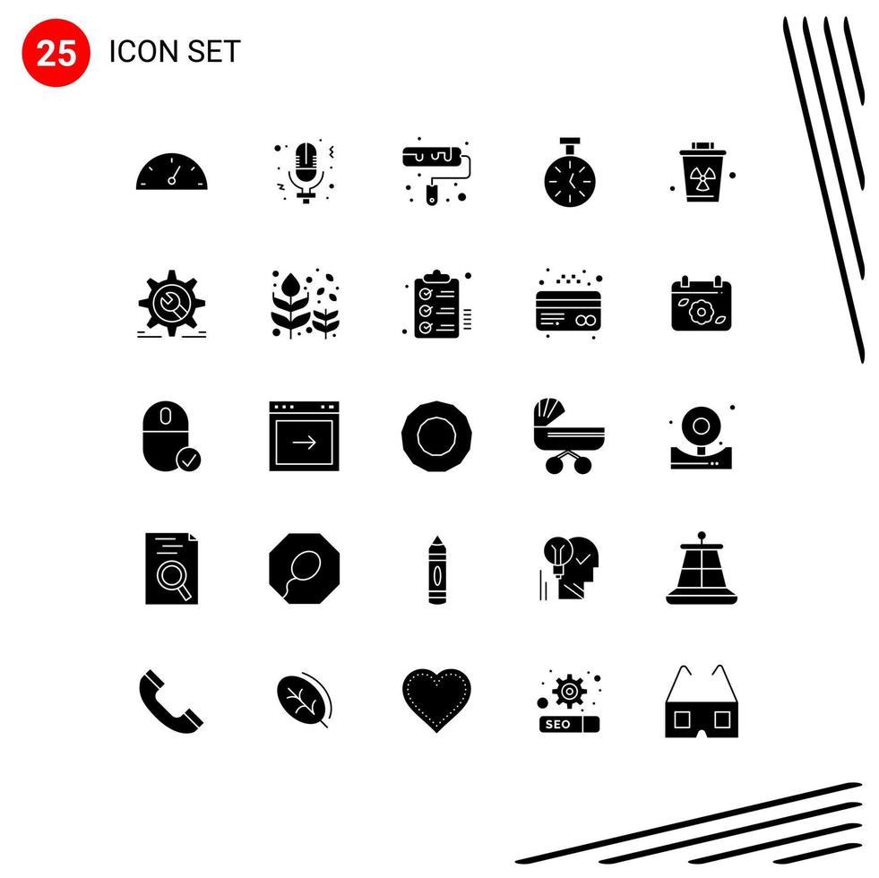 Mobile Interface Solid Glyph Set of 25 Pictograms of trash garbage paint environment timer Editable Vector Design Elements