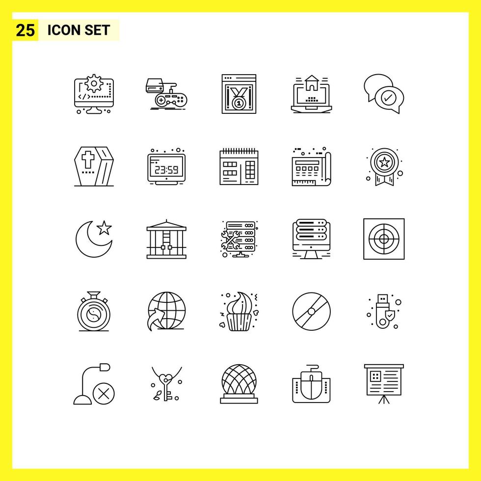 25 Thematic Vector Lines and Editable Symbols of chat real play home website progress Editable Vector Design Elements