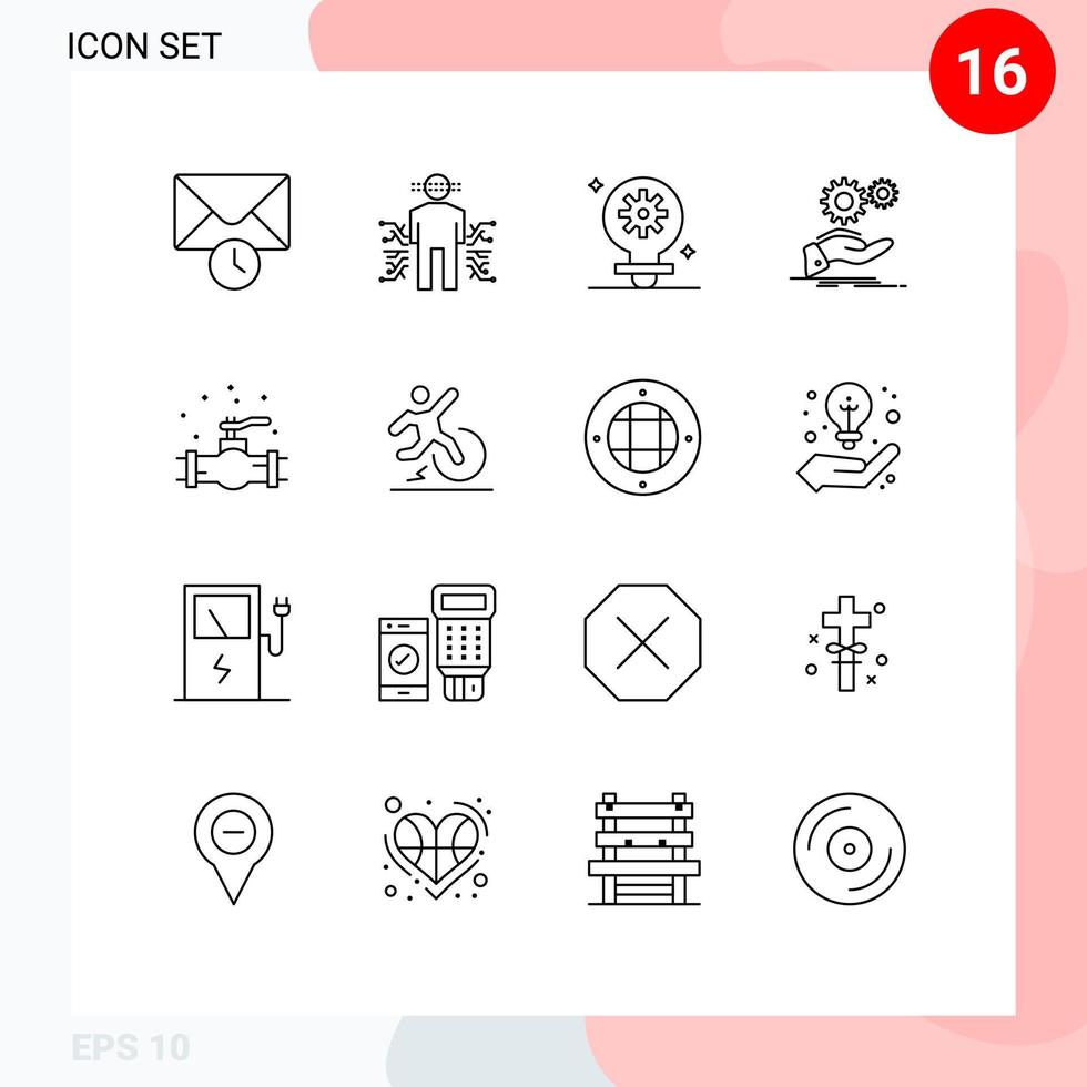 Pictogram Set of 16 Simple Outlines of mechanical gear bulb idea solution Editable Vector Design Elements