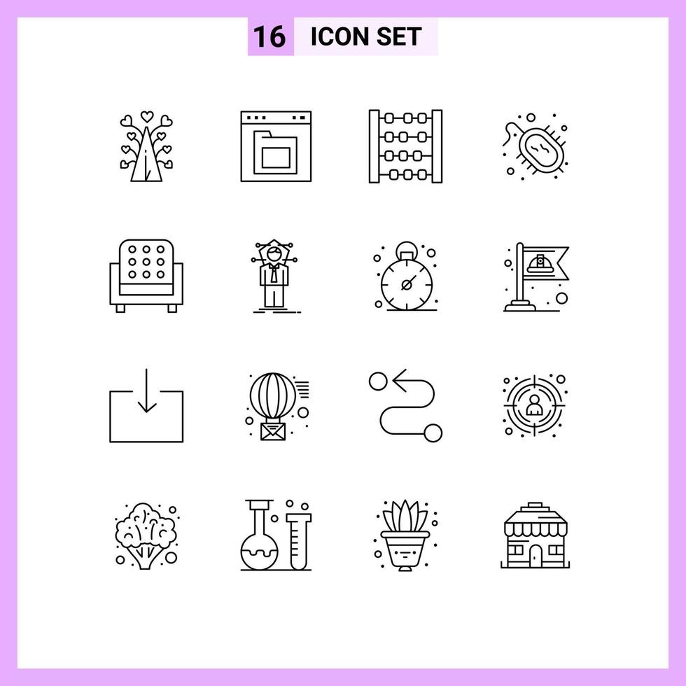 Modern Set of 16 Outlines Pictograph of furniture virus folder disease toy Editable Vector Design Elements