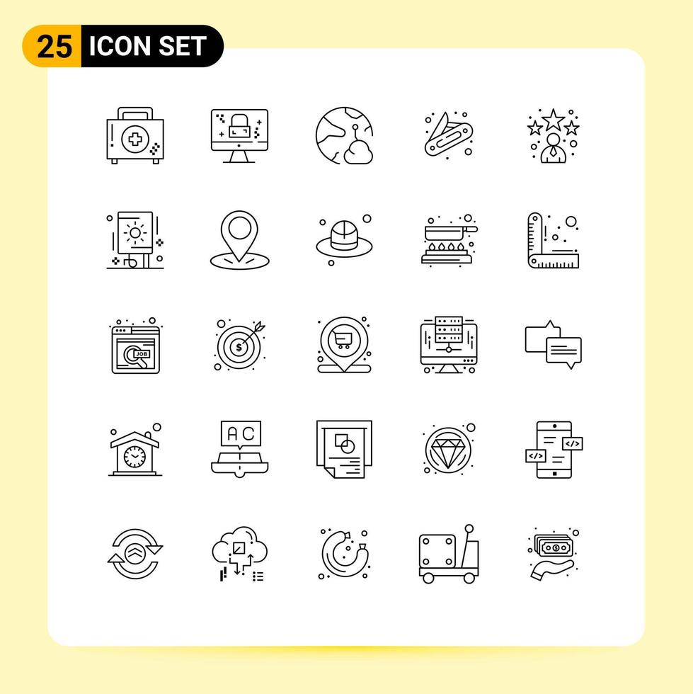 25 Thematic Vector Lines and Editable Symbols of avatar knife lock camping networking Editable Vector Design Elements