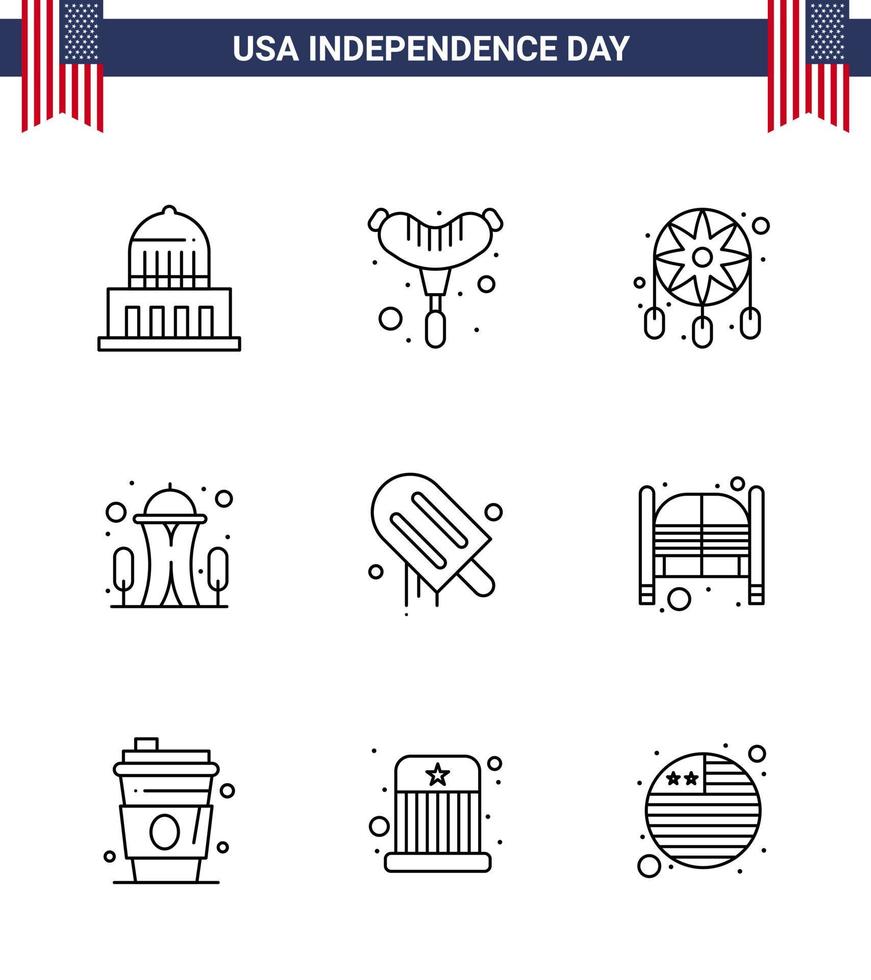 Paquete de 9 líneas de EE. UU. De signos y símbolos del día de la independencia de la decoración de helados estadounidenses Punto de referencia del espacio Elementos de diseño de vectores del día de EE. UU. editables