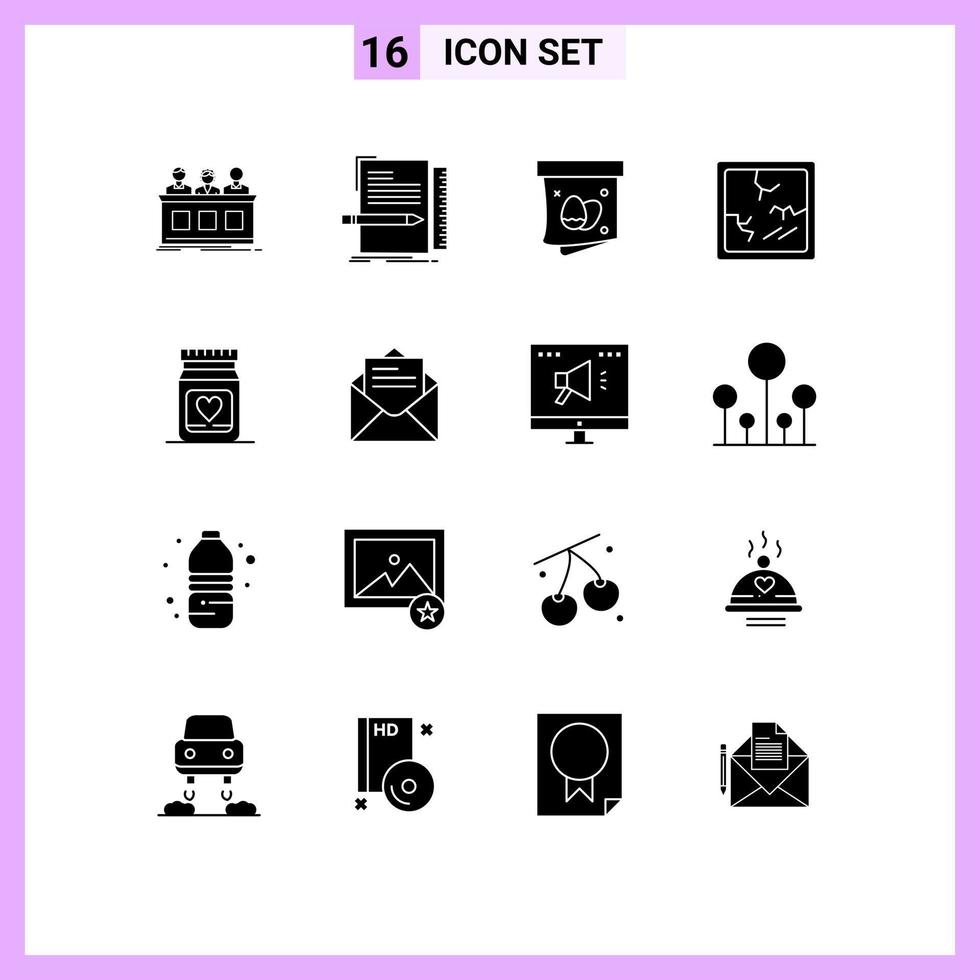 Pack of 16 Modern Solid Glyphs Signs and Symbols for Web Print Media such as medicine halloween programming broken easter Editable Vector Design Elements