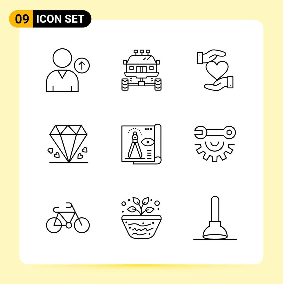 9 iconos creativos para el diseño moderno de sitios web y aplicaciones móviles receptivas 9 símbolos de contorno signos sobre fondo blanco paquete de 9 iconos vector