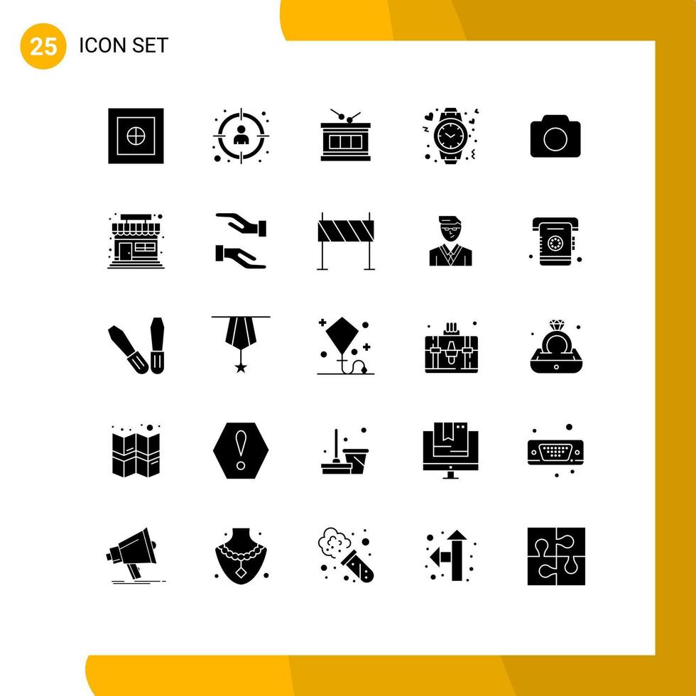 25 Universal Solid Glyph Signs Symbols of camera time drum love heart Editable Vector Design Elements