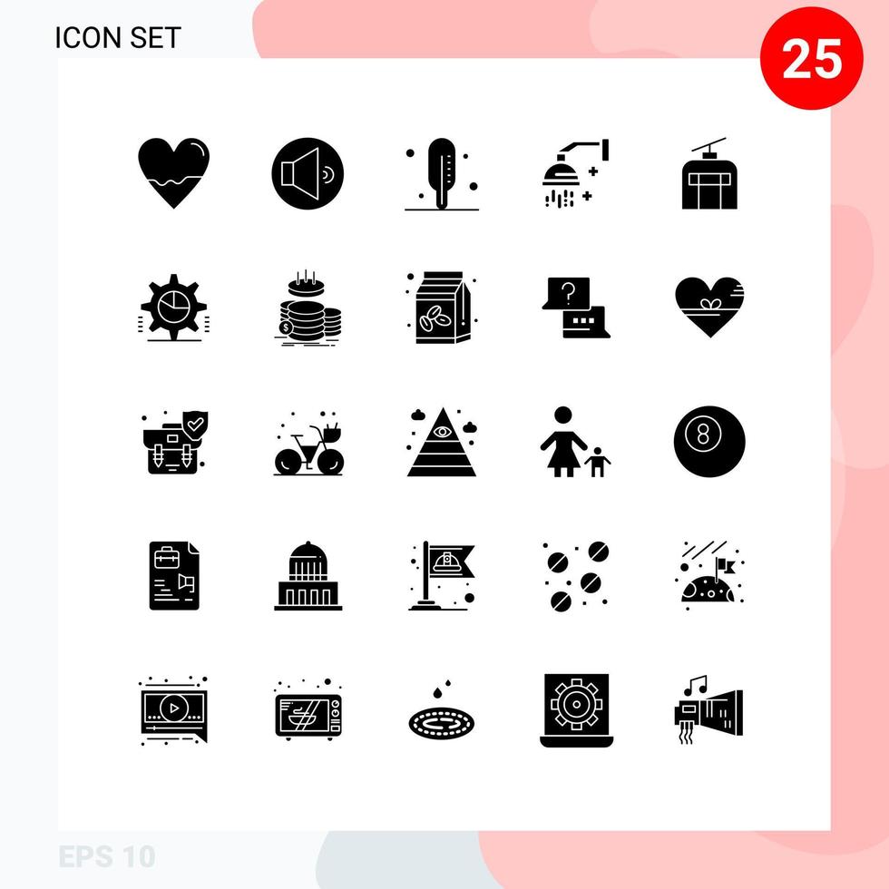 Set of 25 Vector Solid Glyphs on Grid for traveling gondola medical shower cosmetics Editable Vector Design Elements