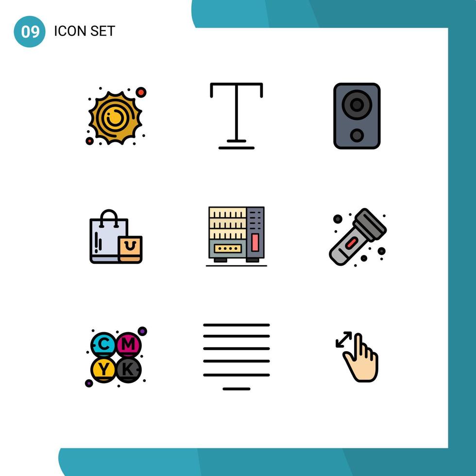 Pack of 9 creative Filledline Flat Colors of interior shop devices market bag Editable Vector Design Elements