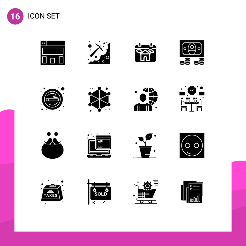 Set of 16 Modern UI Icons Symbols Signs for smoke place real estate cigarette coins Editable Vector Design Elements