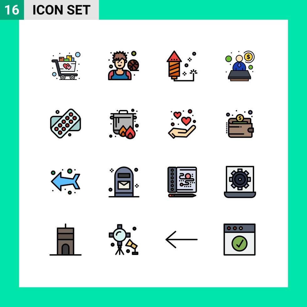 16 concepto de línea llena de color plano para sitios web móviles y aplicaciones médico especialista jugador consultor vacaciones elementos de diseño de vectores creativos editables