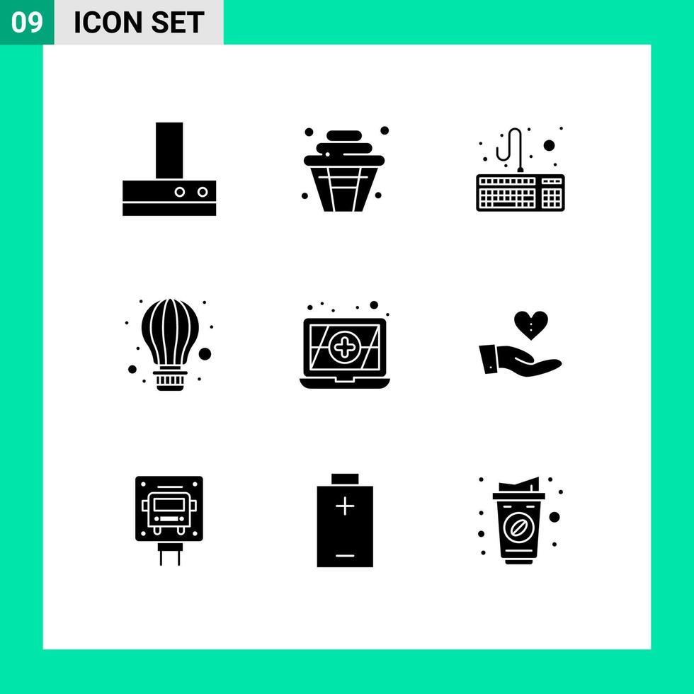 Pictogram Set of 9 Simple Solid Glyphs of giving charity hardware antivirus parachute Editable Vector Design Elements