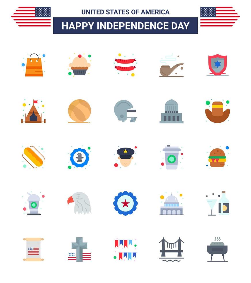 Set of 25 USA Day Icons American Symbols Independence Day Signs for camping shield frankfurter protection st Editable USA Day Vector Design Elements