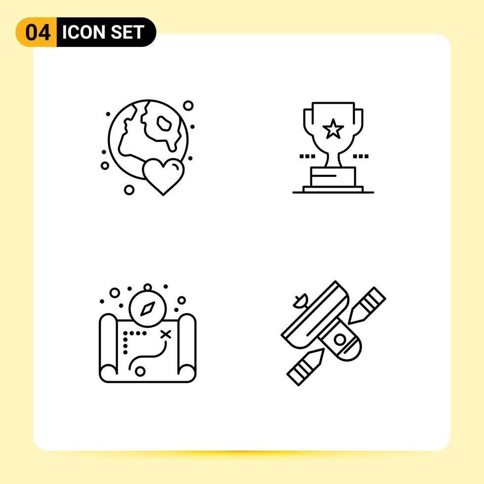 Pack of 4 Modern Filledline Flat Colors Signs and Symbols for Web Print Media such as earth map love trophy camping Editable Vector Design Elements