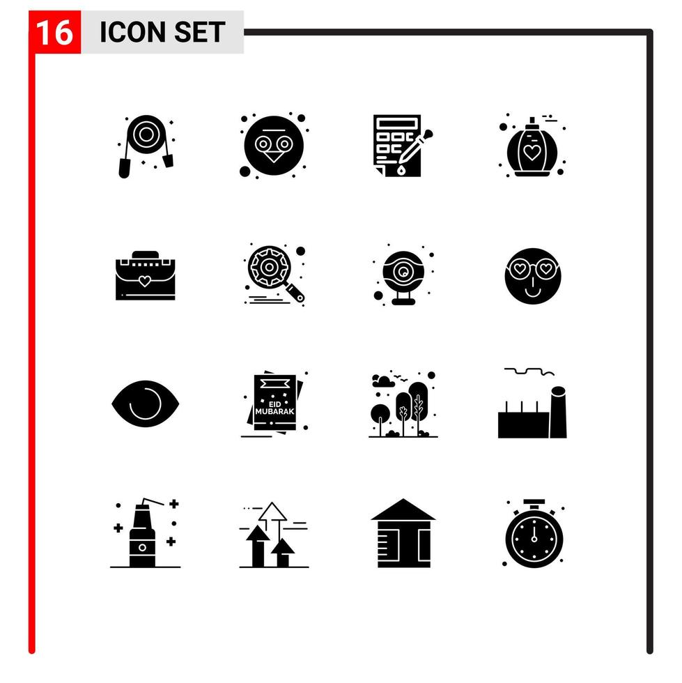 Group of 16 Solid Glyphs Signs and Symbols for engine briefcase color bucket bag love Editable Vector Design Elements