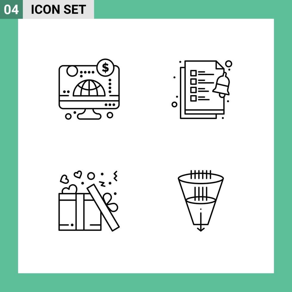 Mobile Interface Line Set of 4 Pictograms of computer present money tasks data Editable Vector Design Elements