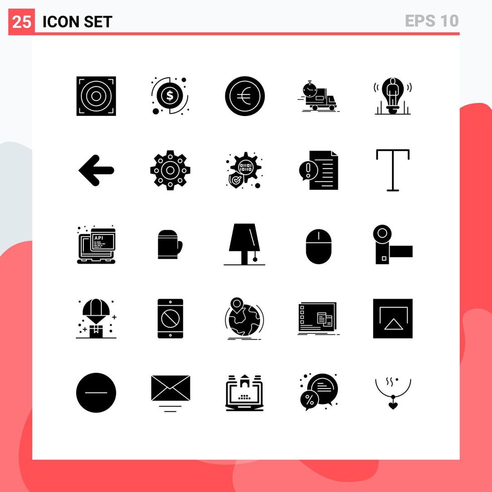 25 User Interface Solid Glyph Pack of modern Signs and Symbols of user bulb euro truck shipping Editable Vector Design Elements