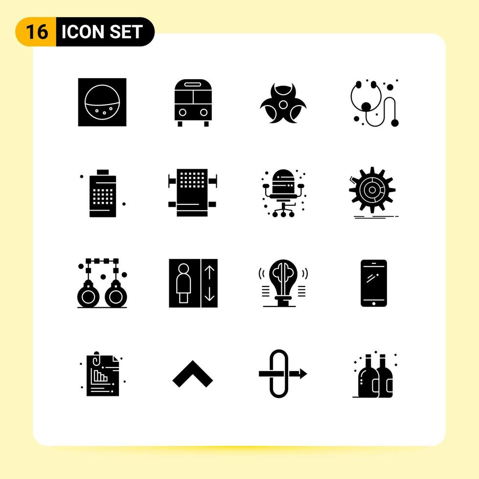 16 User Interface Solid Glyph Pack of modern Signs and Symbols of power energy physic cell stethoscope Editable Vector Design Elements