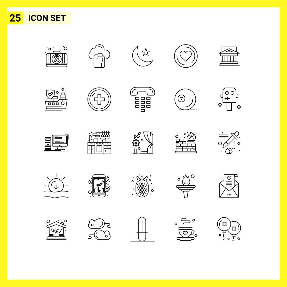 Mobile Interface Line Set of 25 Pictograms of building bank moon love heart Editable Vector Design Elements